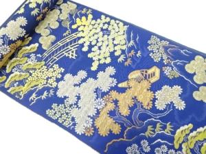 アンティーク　橋に舟・草花模様織り出し　名古屋帯地反物